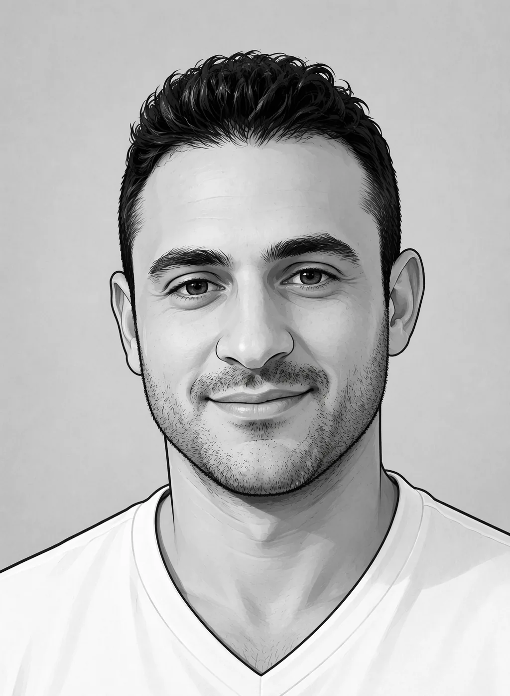 Illustrated black-and-white portrait of Jason Belnick